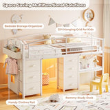 Low Loft Bed Twin Size with 7 Storage Drawers, Desk and LED Lights, Heavy Duty Metal Kids Loft Bed with 12" H Safety Guardrail, Anti-Collision Pad, Private Play Curtain, Under-Bed Play Space (White) Jocoevol