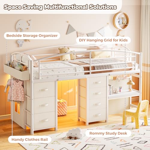 Low Loft Bed Twin Size with 7 Storage Drawers, Desk and LED Lights, Heavy Duty Metal Kids Loft Bed with 12" H Safety Guardrail, Anti-Collision Pad, Private Play Curtain, Under-Bed Play Space (White) Jocoevol
