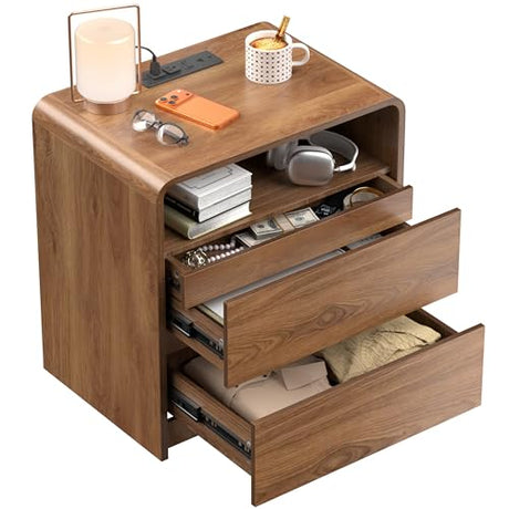 23.8" Modern Nightstand with Hidden Drawers Walnut Night Stand with Charger Station Mid Century Bedside Table Curved Wood Side Table for Bedroom Dorm Oransail