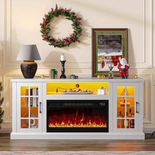 Rolanstar Fireplace TV Stand with Led and Power Outlets, White Entertainment Center with 26" Electric Fireplace for 45/50/55/60/65 inch TVs, Modern TV Console with Storage Cabinet for Living Room Rolanstar