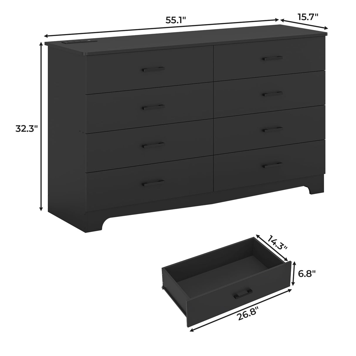 Hasuit 8 Drawer Dresser for Bedroom, Large Chest of Drawers with Charging Station, 55.1'' Wide Storage Clothes Closet Organizer, Long Dresser TV Stand for Living Room, Black Hasuit