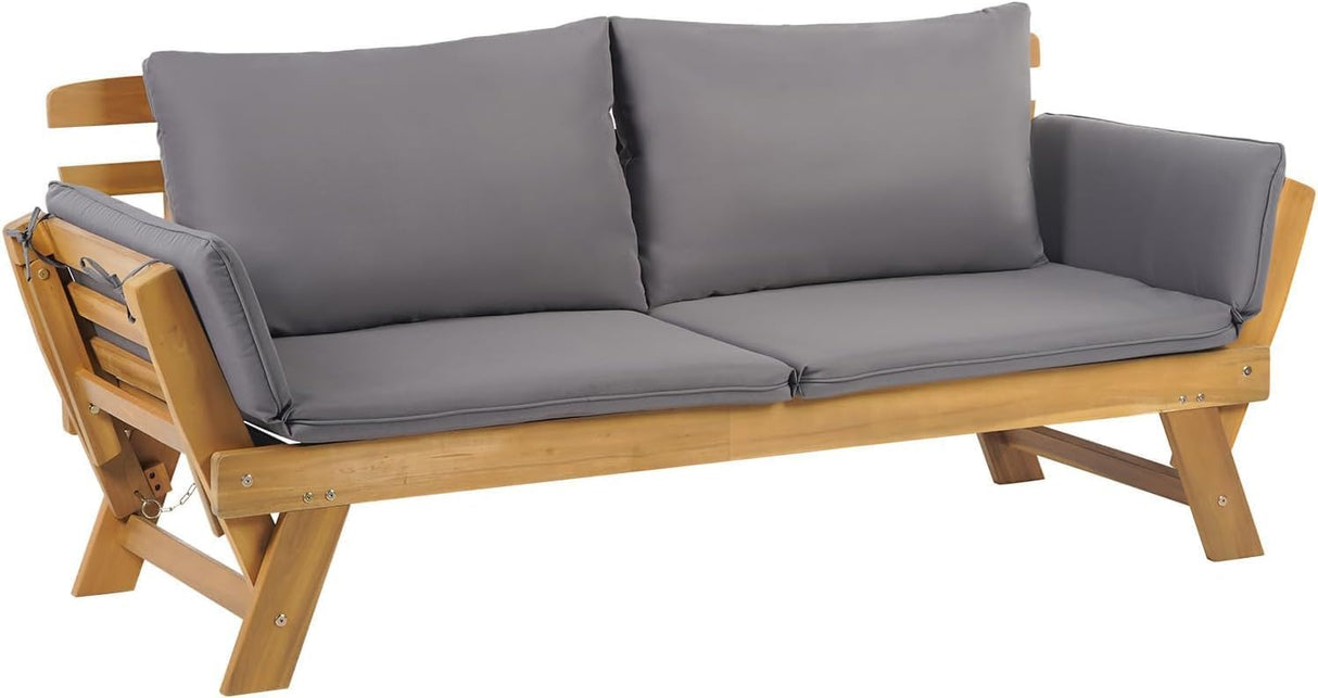 PayLessHere Outdoor Couch Patio Couch Daybed with Adjustable Armrest, Wooden Loveseat with Cushion and Pillow, and Expandable Plate PayLessHere
