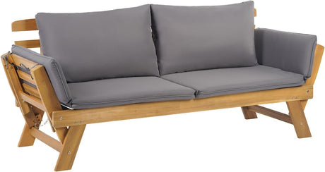 PayLessHere Outdoor Couch Patio Couch Daybed with Adjustable Armrest, Wooden Loveseat with Cushion and Pillow, and Expandable Plate PayLessHere