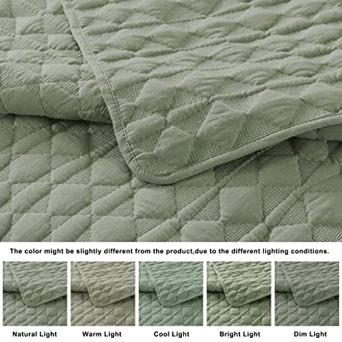 WDCOZY Sage Green Quilt Queen Size Bedding Sets with Pillow Shams, Lightweight Soft Bedspread Coverlet, Quilted Blanket Thin Comforter Bed Cover, All Season Spring Summer, 3 Pieces, 90x90 inches WDCOZY