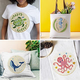 INFUNLY 4 Sets Embroidery Kit for Beginners with Sea Animals Pattern DIY Embroidery Kit for Adults Ocean Embroidery Art Kit Turtles/Seahorses/Octopuses/Whales Cross Stitch Kit with Embroidery Hoops