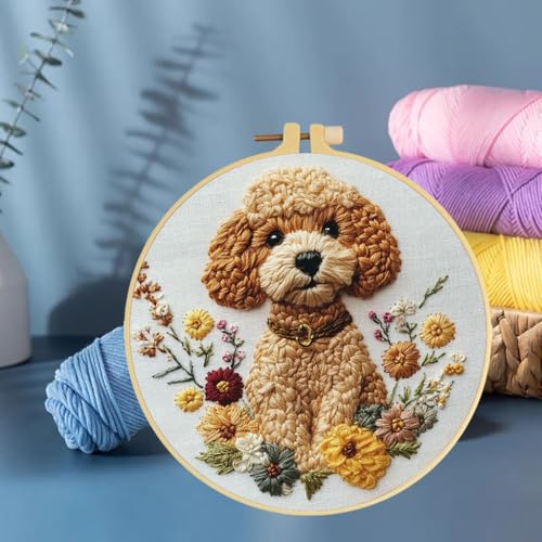 Punch Needle Kits Poodle Dog and Flowers Embroidery Starter Set with Hoop Easy for Beginners DIY Stress Relief Handmade Craft Hobby and Home Decor 20x20cm-6