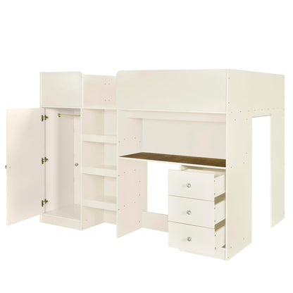 Full Size Loft Bed with Desk and Wardrobe by Harper & Bright Designs in Beige - WoodArtSupply