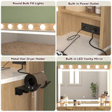 SFDOU 43" Fluted Makeup Vanity Desk with 32" Mirror and Lights, Modern Glass Top Large Vanity Table with 5 Drawers and 3 Storage Shelves, Dressing Table Set with Charging Station for Bedroom-Gray SFDOU