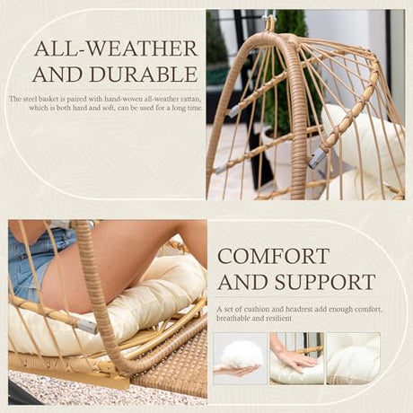 Yechen Hanging Egg Chair with Stand and Footrest for Indoor Outdoor, Foldable Wicker Rattan Patio Egg Swing Chairs Hammock Egg Chair with UV Resistant Cushion for Bedroom Porch, 350 Lbs Capacity Yechen