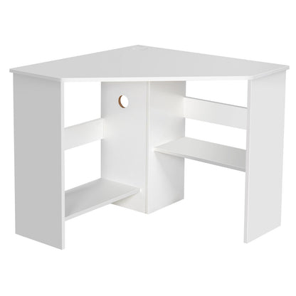 Tangkula White Corner Desk - 90 Degrees Triangle for Computer, Small Space, Bedroom, Makeup Vanity Desk with Storage Shelves & CPU Stand, Space Saving Writing Desk - WoodArtSupply