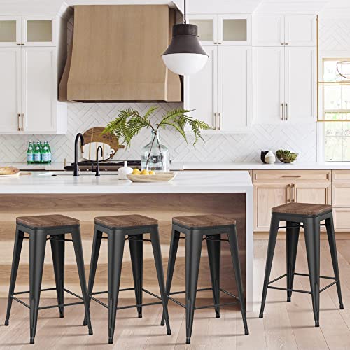 Alunaune 24" Metal Bar Stools Set of 4 Stackable Counter Height Barstools Backless Industrial Kitchen Bar Chairs with Wooden Seat-Matte Black Alunaune
