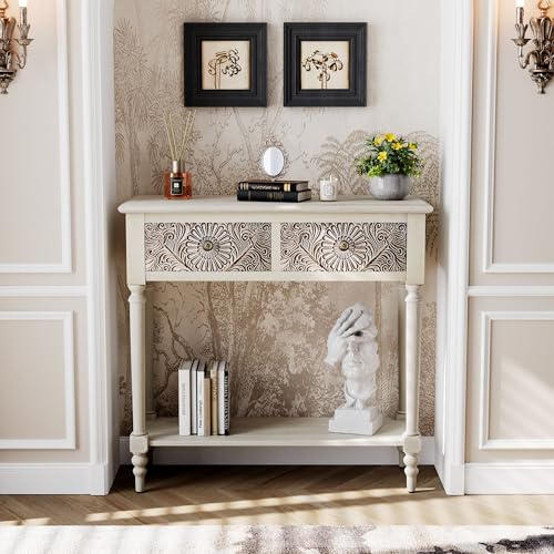 COSIEST Console Table with 2 Drawers, MDF Narrow Entryway Table with Storage Shelf, Wood Accent Sofa Table for Living Room, Entrance, Hallway, Couch, Light Grey COSIEST