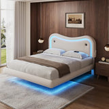 MapleGrace Full Size Floating Bed Frame with LED Lights, Velvet Upholstered Bed Frame with Headboard, Rounded Corners, Charging Station, No Box Spring Needed, Easy Assembly, White MapleGrace