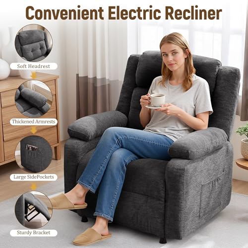 Korser Power Recliner Chair, Living Room Chairs for Adults, Oversized Electric Recliner with Side Pockets, Chenille Fabric Reclining Chair for Living Room, Bedroom