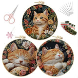 LB Orange Cat Embroidery Kit for Beginners Adults, 3 Sets Hand Embroidery Starter Kit with Floral Pattern and Instructions Stamped Cross Stitch Kits Include Embroidery Hoop Needles Threads Scissors