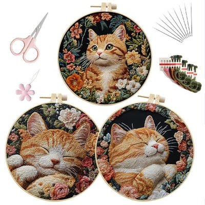 LB Orange Cat Embroidery Kit for Beginners Adults, 3 Sets Hand Embroidery Starter Kit with Floral Pattern and Instructions Stamped Cross Stitch Kits Include Embroidery Hoop Needles Threads Scissors