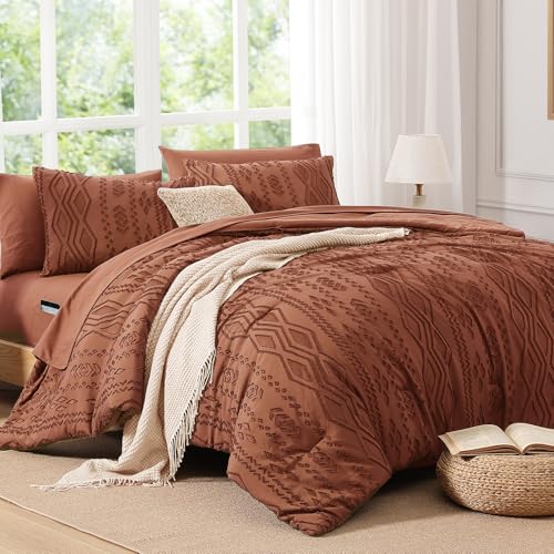 AMBERSPACE Queen Comforter Set Autumn Leaf, Tufted Boho Bedding Farmhouse Bed Set, All Season 7 Pieces Bed in a Bag with Sheets, Pillowcases & Shams AMBERSPACE