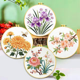Zhenqing 4 Pack Floral Embroidery Kit, Iris Chrysanthemum Peach Blossom Peony Set with Bees, Beginner Craft Set with 20cm Hoop, Printed Designs on 29x29cm Cotton Fabric, DIY Nature Wall Art (JC0208)