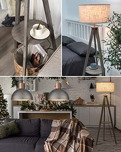 ELYONA Tripod Floor Lamp for Living Room Solid Wood Floor Lamp with Table - Farmhouse Shelf Tall Reading Standing Light with Drum Shade for Bedroom, Office, Study Room, 9W LED Bulb Included,  - WoodArtSupply