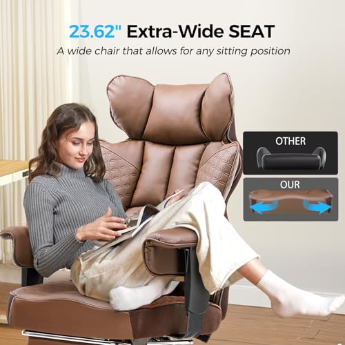 GTRACING Big and Tall Gaming Chair 400lbs Heavy Duty Office Chair with Foot Rest & Ergonomic Pocket Spring Lumbar Support, High Back 3D Saddle Shaped Cushion for Back Pain Relief, Brown GTRACING