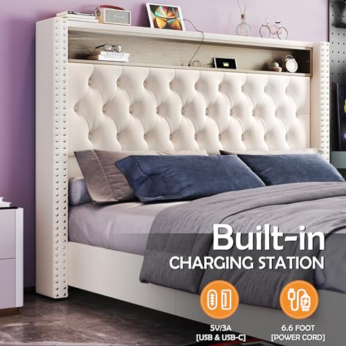 PLAUIN Velvet King Size Bed Frame with LED Lights and Charging Station - Cream Upholstered Platform Bed - WoodArtSupply