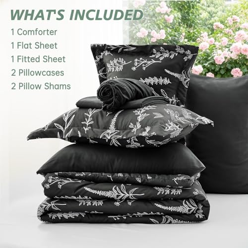 MUXHOMO Black King Comforter Set, Elegant Floral Print Bed in a Bag 7 Pieces, Ultra Soft & Breathable Reversible Botanical Pattern Bedding Set with Comforter, Sheets, Pillowcases, and Shams MUXHOMO