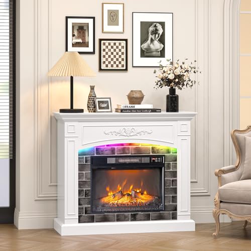 VINGLI 43'' Fireplace TV Stand for up to 55 inch TVs, Electric Fireplace with Mantel, Modern Entertainment Center with Adjustable LED Lights Strips, White Fireplace for Living Room ＆ Bedroom, White VINGLI
