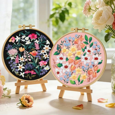 ERKOON Embroidery Kit for Beginners, 2 Set Floral Cross Stitch Set Include Embroidery Cloth Hoops Threads for Craft Lover Hand Stitch with Embroidery Skill Techniques (Flower) ERKOON