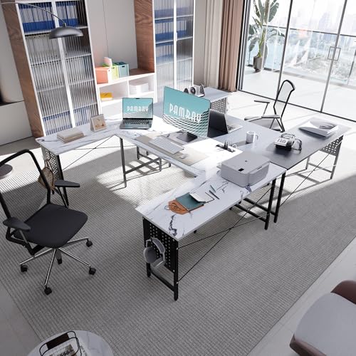 Pamray 71 Inch Large Computer Desk with Power Outlets,U Shaped Corner Desk for Home Office Work and Gaming Marble Pamray