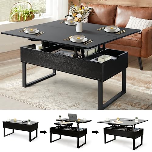 SMOOL Lift Top Coffee Table, 3 in 1 Multi-Function with Hidden Compartment for Living Room, Modern Lift Coffee Table Converts to Dining Table for Reception, Black - WoodArtSupply