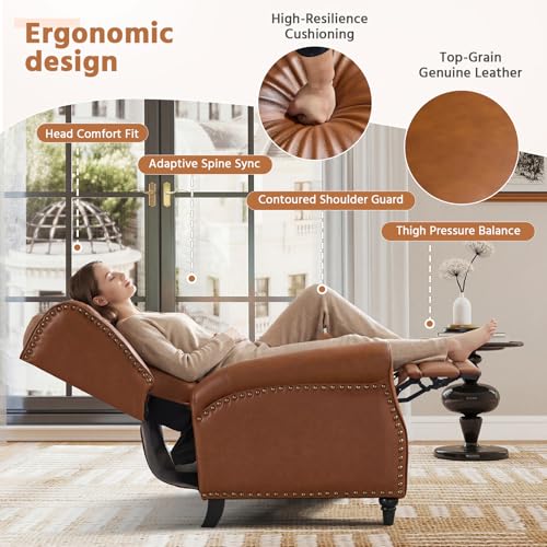 Bonzy Home Genuine Leather Pushback Recliner for Adults with Rivet Decoration, Push Back Recliner Chair with Overstuffed Cushion, Single Reclining Sofa with Button-Tufted Back for Living Room,Brown