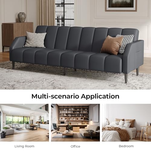 Fadware Faux Leather Couch, Convertible Futon Sofa Bed with Adjustable Backrest, Mid Century Leather Sofa Loveseat with Side Pockets& Metal Leg, Modern Leather Sleeper Sofa for Living Room Bedroom Fadware