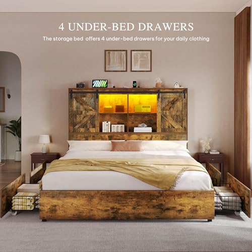 DWVO Farmhouse Queen Size Bed Frame with Storage Bookcase Headboard, Sliding Barn Door, 4 Storage Drawers, RGB LED Bed Frame with USB Charging Station, No Box Spring Needed, Rustic Brown - WoodArtSupply