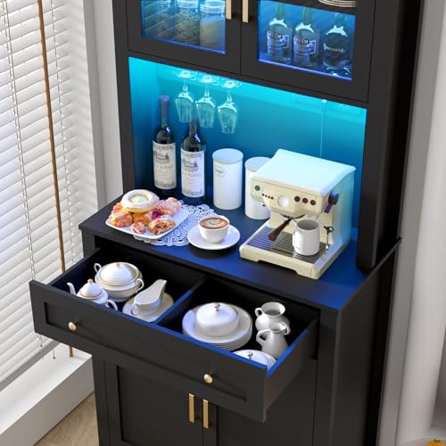 Yeyawomy 72" Tall Kitchen Pantry Cabinet with LED Light & Power Outlets, Farmhouse Large Storage Cabinet, Microwave Stand with Storage, Adjustable Cabinet Shelf, Black Kitchen Pantry (Black) Yeyawomy