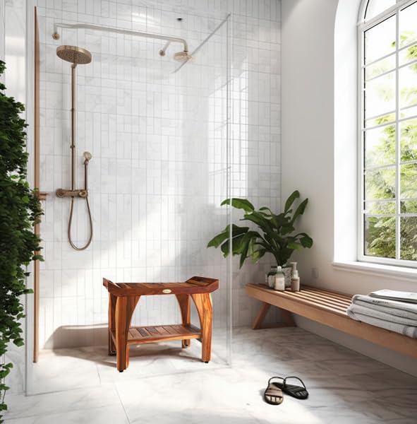 EcoDecors, 24 inch, Natural Wood, Teak Shower Bench, Shower Stool Wood, Wood Shower Chair, LiftAide Arms, Bathroom Bench Seat, Shower Bench Waterproof EcoDecors