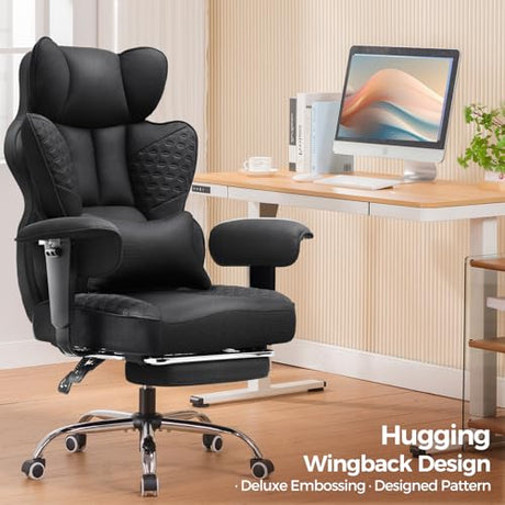 COMHOMA Big and Tall Office Chair 400LBS Wide Ergonomic Fabric Deluxe Embossing Designed Gaming Chair with Foot Rest,150°Reclining Adjustable Armrests Pocket Spring Back Support and Pillow COMHOMA