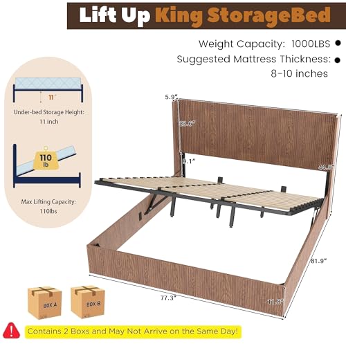 MoproBeti Lift Up Storage Bed King, Mid Century Hydraulic Lift King Storage Bed with Raised Wingback Headboard, Space Saving Storage, Heavy Duty Steel & Wood Slats,No Box Spring Needed,Natural MoproBeti