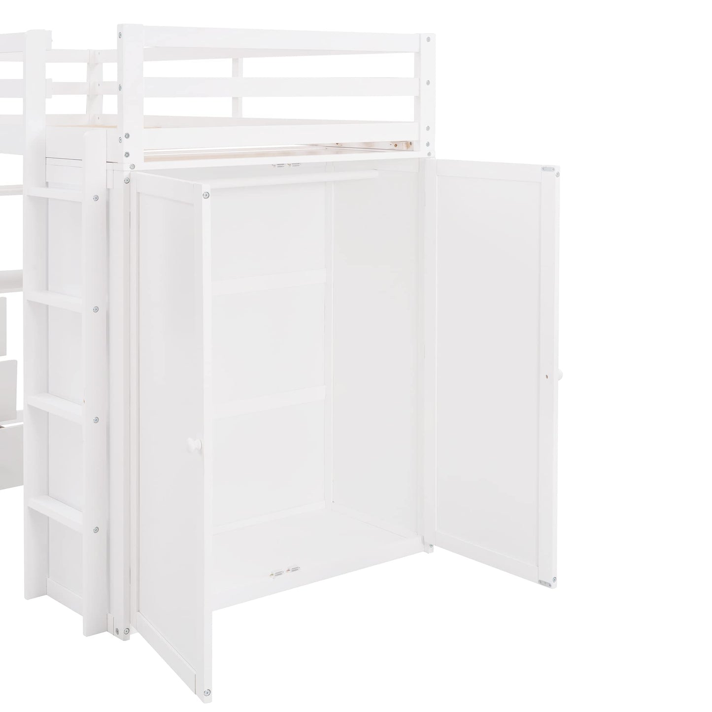 Stylish Twin Loft Bed with Desk and Wardrobe for Kids and Teens, White Wood Frame with Storage Drawers - WoodArtSupply