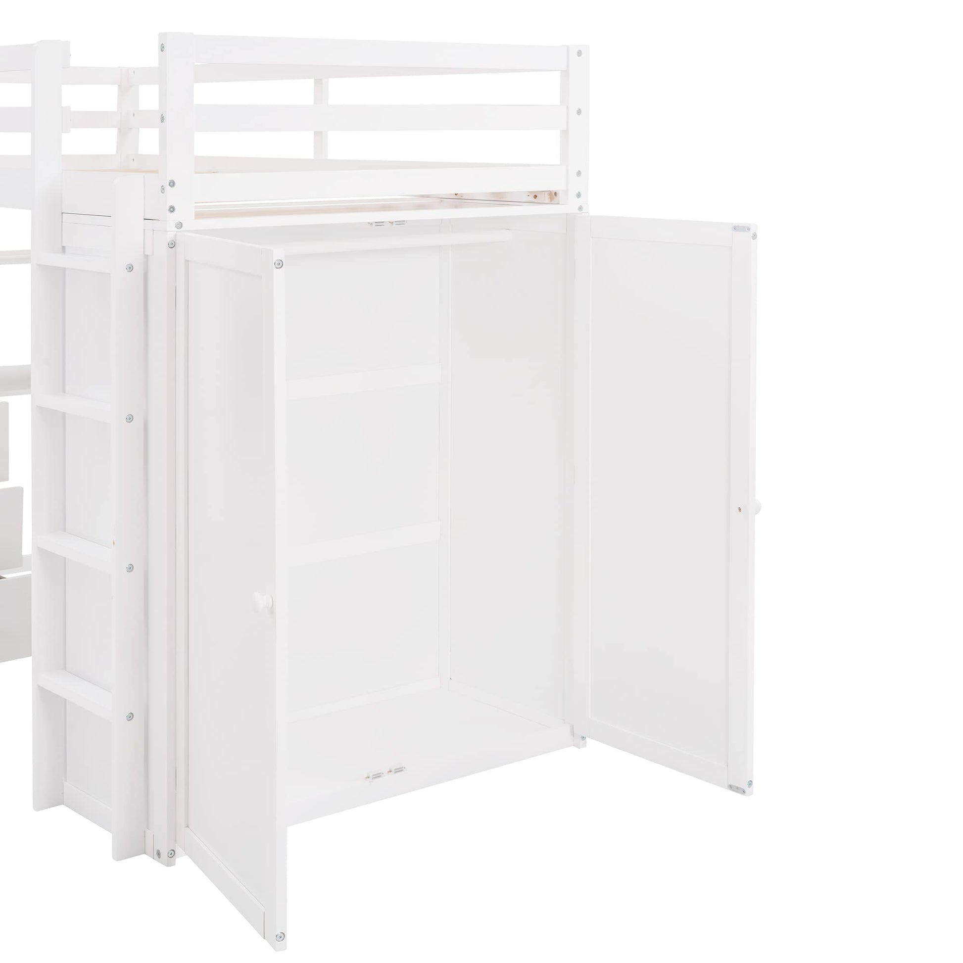 Stylish Twin Loft Bed with Desk and Wardrobe for Kids and Teens, White Wood Frame with Storage Drawers - WoodArtSupply