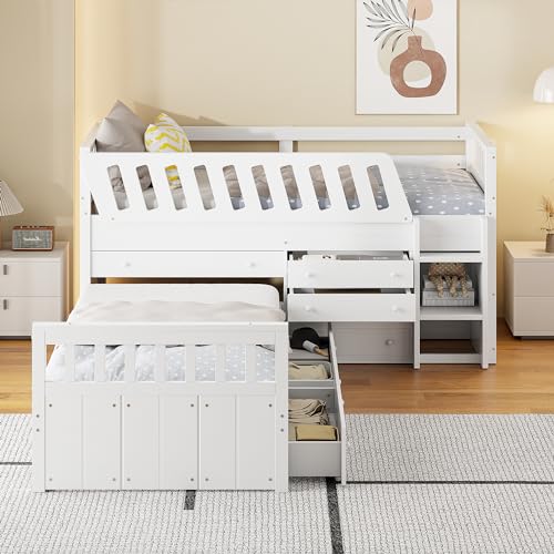 Ball & Cast L-Shaped Space-Saving Twin Low Loft with Platform Bed,Bunk Bedframe W/Full Safty Guardrails & 7 Drawers,Sturdy Construction,Easy Assembly,Functional Bedroom Set for Boy Girl Keens,White Ball & Cast
