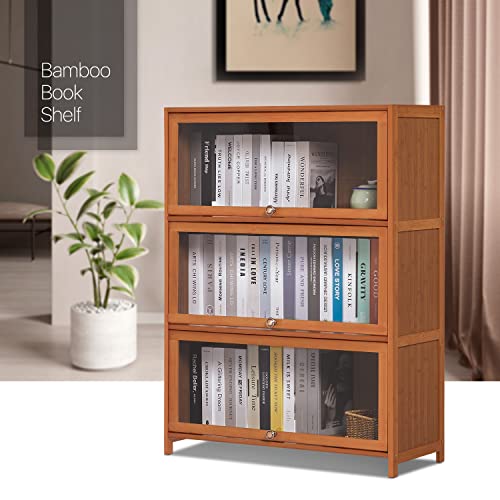 MoNiBloom 3-Tier Bamboo Bookshelf with Acrylic Doors - Freestanding Storage Unit for Living Room, Office, and Bedroom, Brown - WoodArtSupply