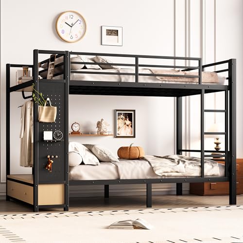 Bellemave Full Over Full Metal Bunk Bed with Storage Drawers and Shelves, Heavy Duty Bunk Beds with Pegboard and Coat Rack for Kids, Adults,Black、 Bellemave