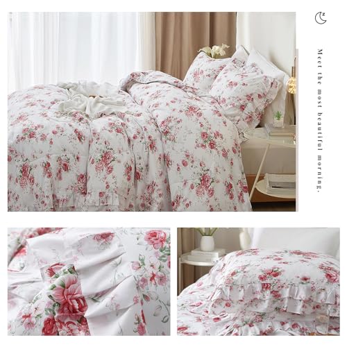 VM VOUGEMARKET Ruffle Comforter Set Twin XL Red Rose Flower Comforter Romantic Floral Bedding Set Soft Microfiber Botanical Bedding Comforter Set 1 Flower Ruffled Comforter with 2 Pillowcases VM VOUGEMARKET