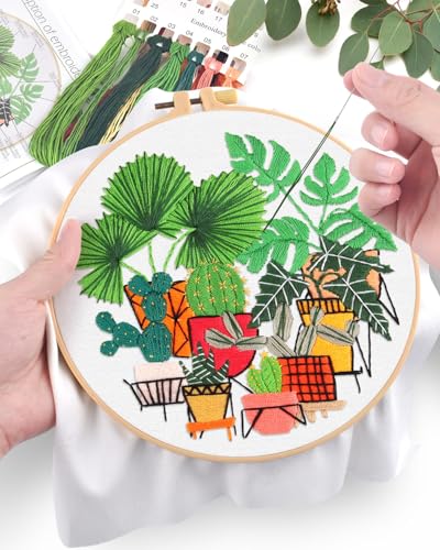 ERKOON Embroidery Kit for Beginners, Flower Cross Stitch Set for Include Embroidery Cloth Hoops Threads for Craft Lover Hand Stitch with Embroidery Skill Techniques (Greenery) ERKOON