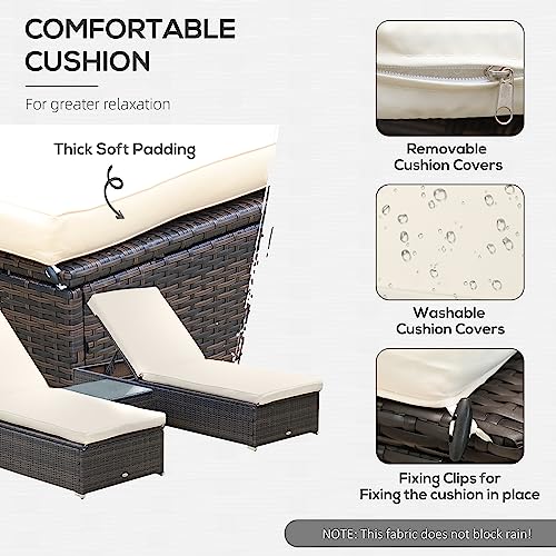 Outsunny Chaise Lounge Set of 2 with 5 Angle Backrest, Outdoor Coffee Table, Water Repellent Cushions, PE Rattan Wicker Poolside Chairs, 3-Piece Pool Furniture Set, Beige Outsunny
