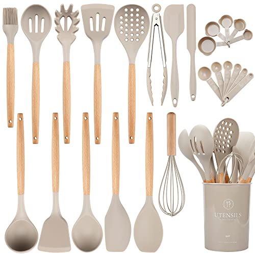 NCUE Kitchen Utensils Set with Holder, 26 pcs BPA Free Non-stick, Wooden Handle Heat Resistance Silicone Spatula Spoon Kitchen Gadgets Cooking Utensils Set (Khaki) - WoodArtSupply