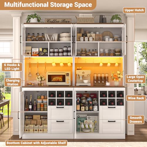 Unikito 72" Tall Pantry Cabinet, Kitchen Pantry Storage Cabinet with LED Light & Outlet, 63" Wide Kitchen Hutch Bar with Microwave Stand, Drawers, Wine Rack & Shelves, Cupboard for Dining Room, White Unikito