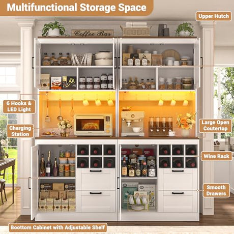 Unikito 72" Tall Pantry Cabinet, Kitchen Pantry Storage Cabinet with LED Light & Outlet, 63" Wide Kitchen Hutch Bar with Microwave Stand, Drawers, Wine Rack & Shelves, Cupboard for Dining Room, White Unikito