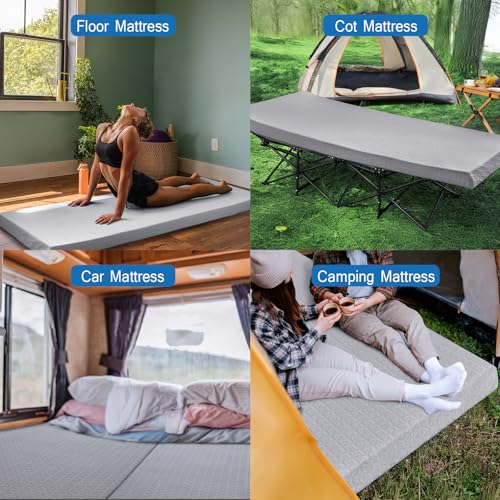 Memory Foam Camping Mattress Pad 3 Inch Thick, Portable Sleeping Pad with Waterproof Cover, Portable Roll Up Cot Mattress Pad Floor Mat for Travel Truck Bed Tent 72" x 24"x 3" Coldwind