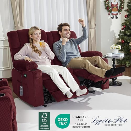 MCombo 57" Power Loveseat Recliner, Electric Reclining Loveseat Sofa with Heat and Vibration, Cupholders, USB Charge Ports for Living Room 6314 (Burgundy, Loveseat)